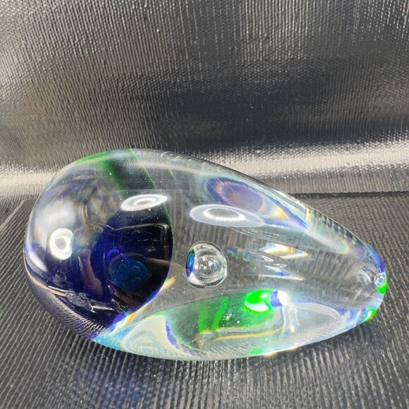 Vintage 1980s Oval Glass Paperweight With Large Bubbles Blue Green Glass Decor - Picture 7 of 11